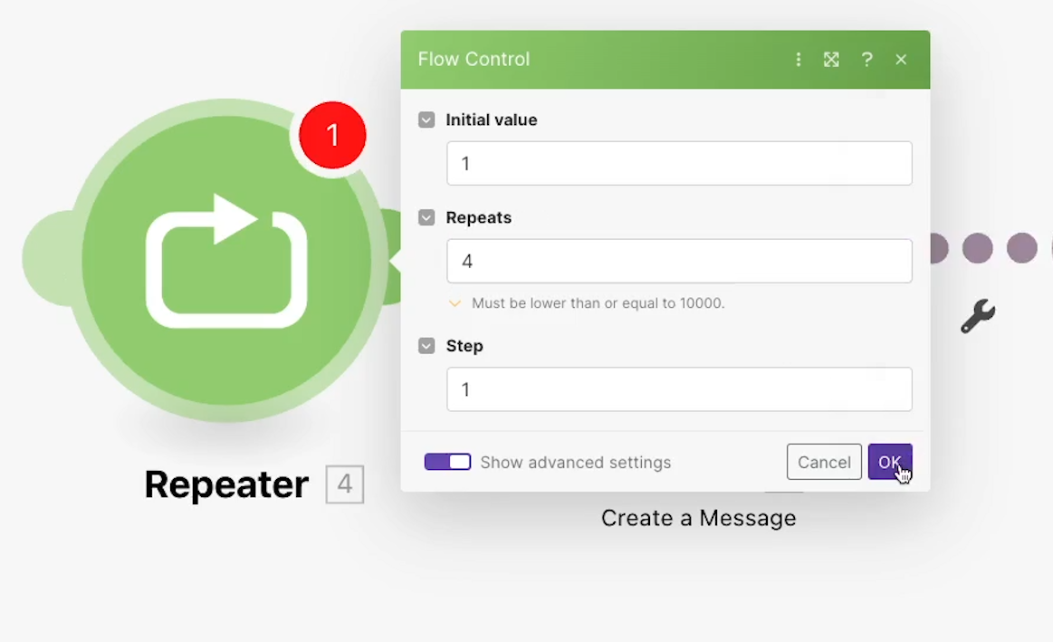 Set your Repeaters Initial value and the number of repeats you want as well as the rate the counter should run at