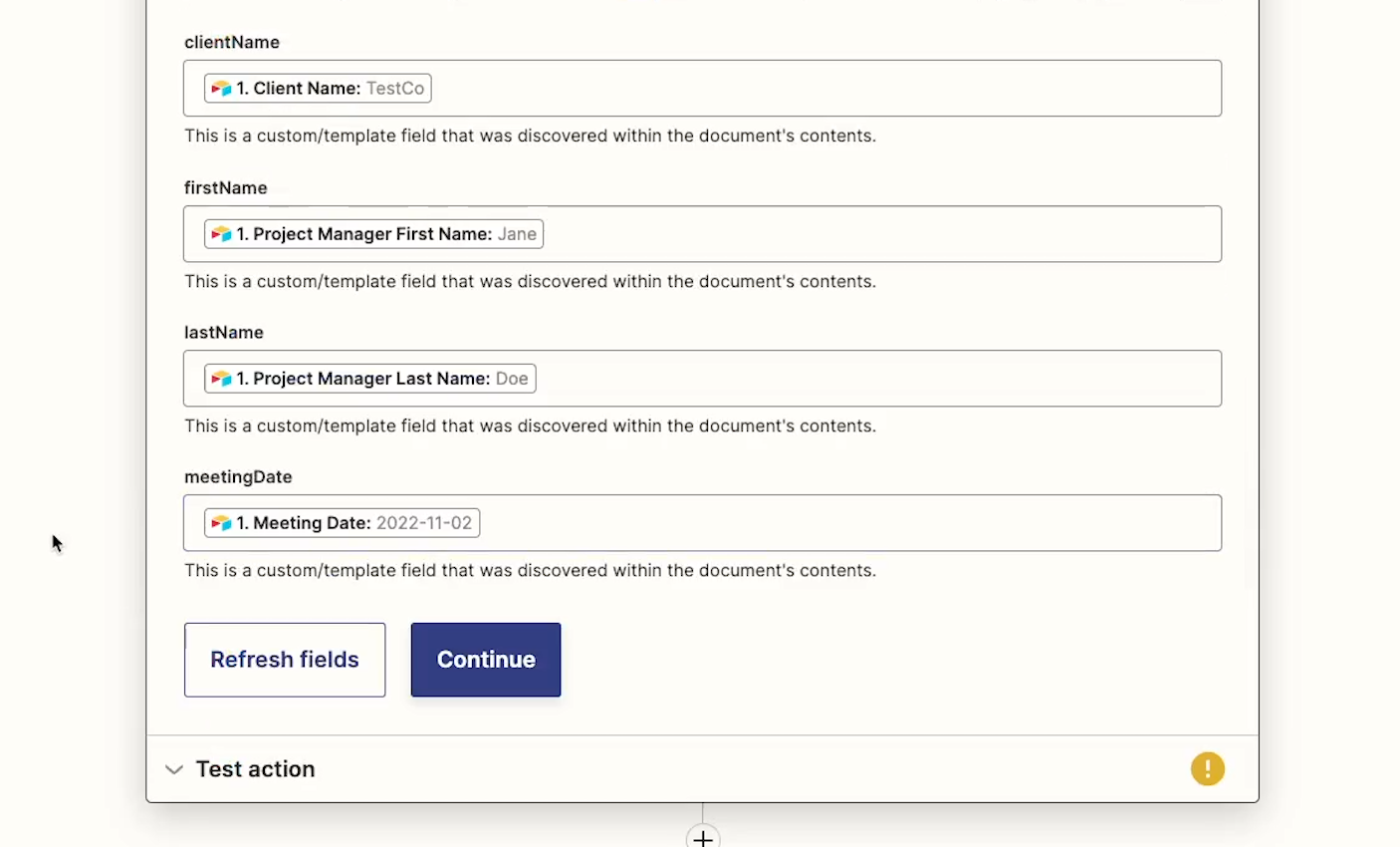 Map variables to their correct fields in the Google Doc step