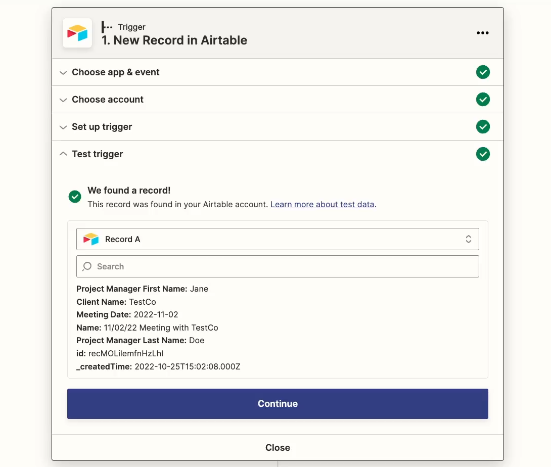 A Zapier Airtable trigger menu