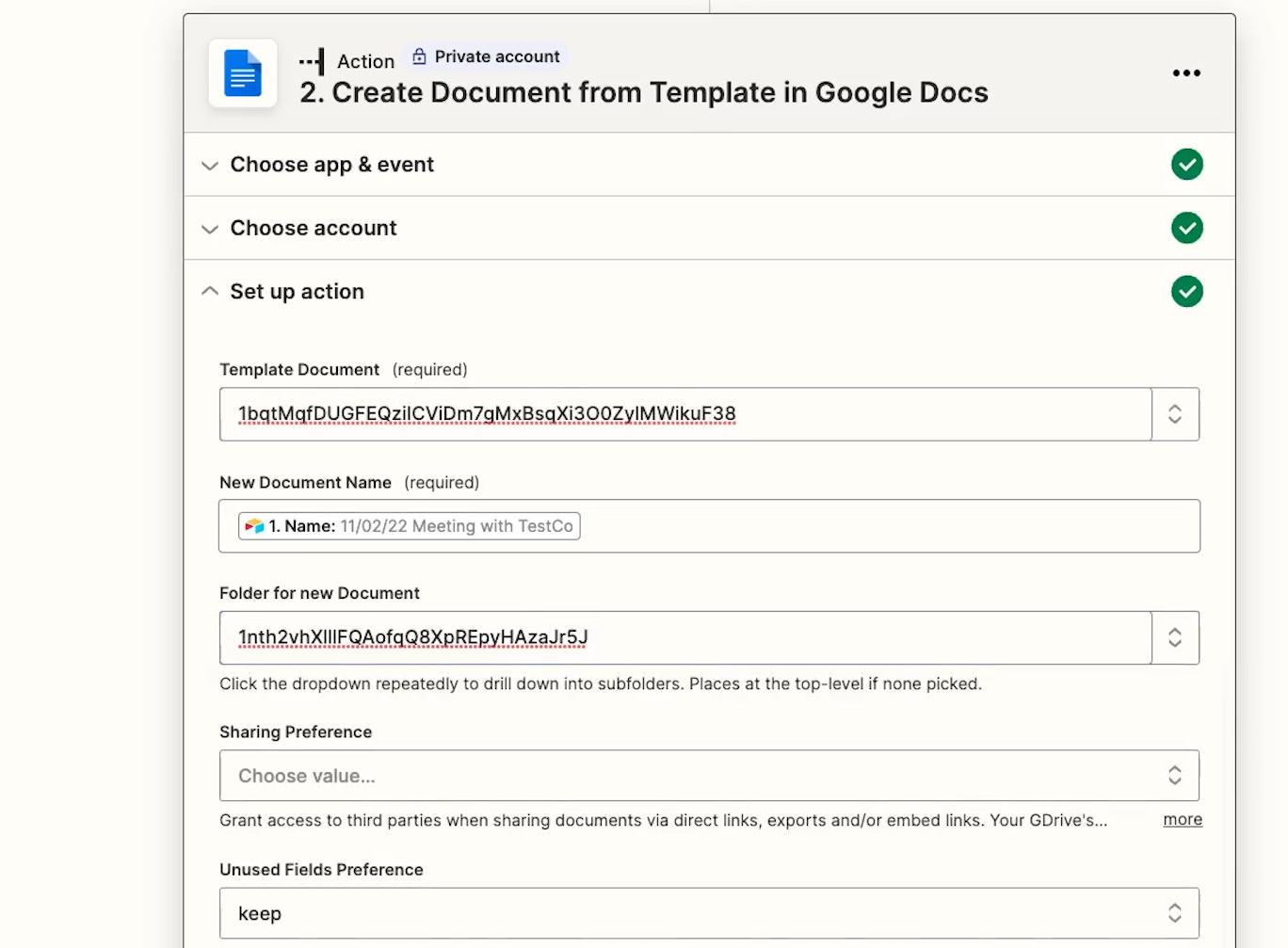 Use a Google Docs step to configure your template document with the variables created earlier