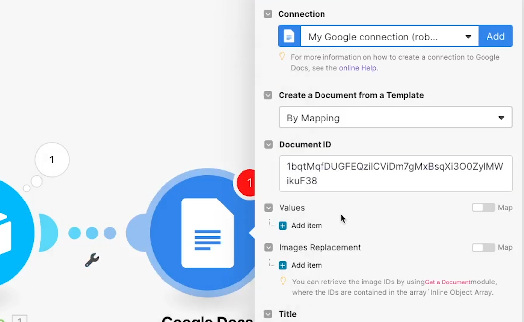 Add a Create Document by Template module and select By Mapping in the "Create a Document from a Template" field dropdown