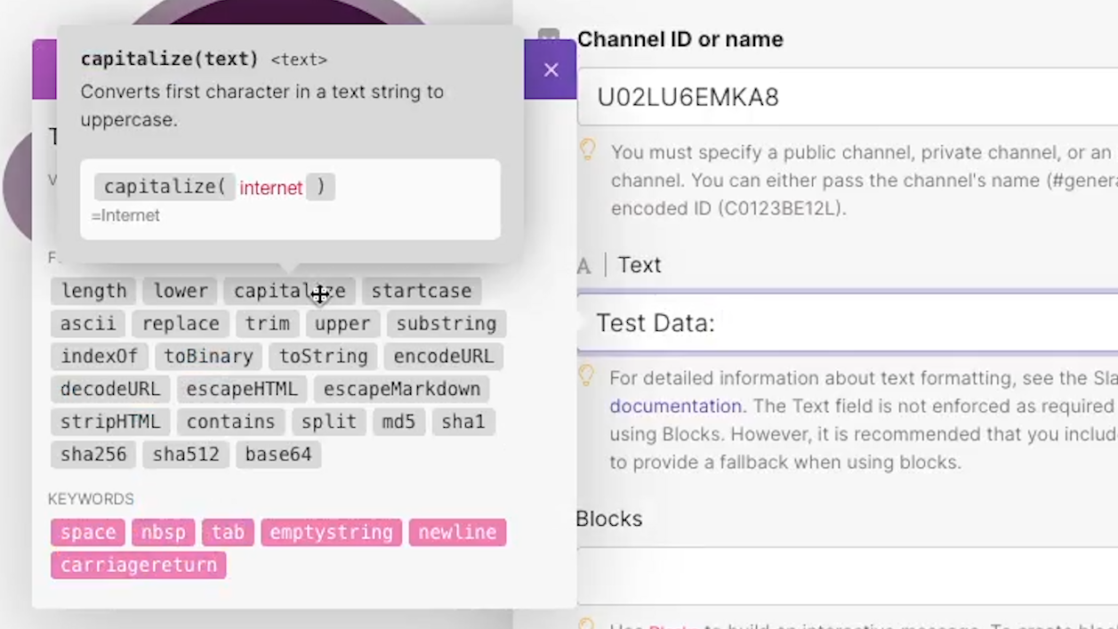 A close look at the Text and binary tab in Make with the tooltip for "capitalize" function open