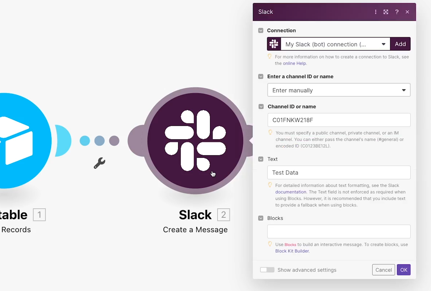 An open Slack Module in Make with customizable input fields.