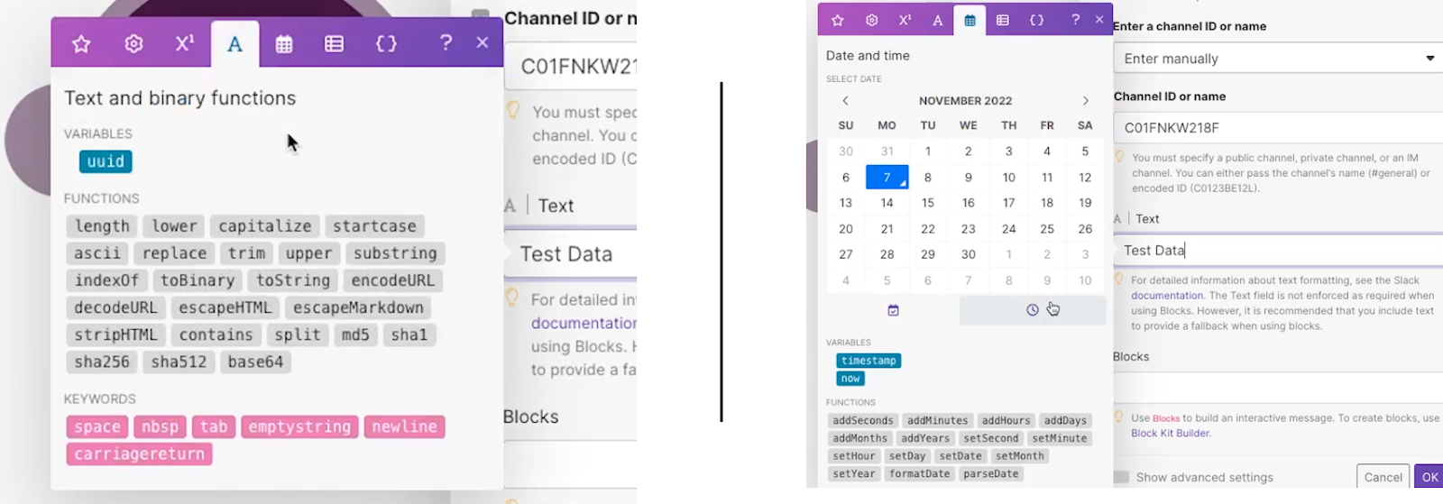 A side by side comparison of the Text and binary functions(left) and Date and time tab(right) in Make