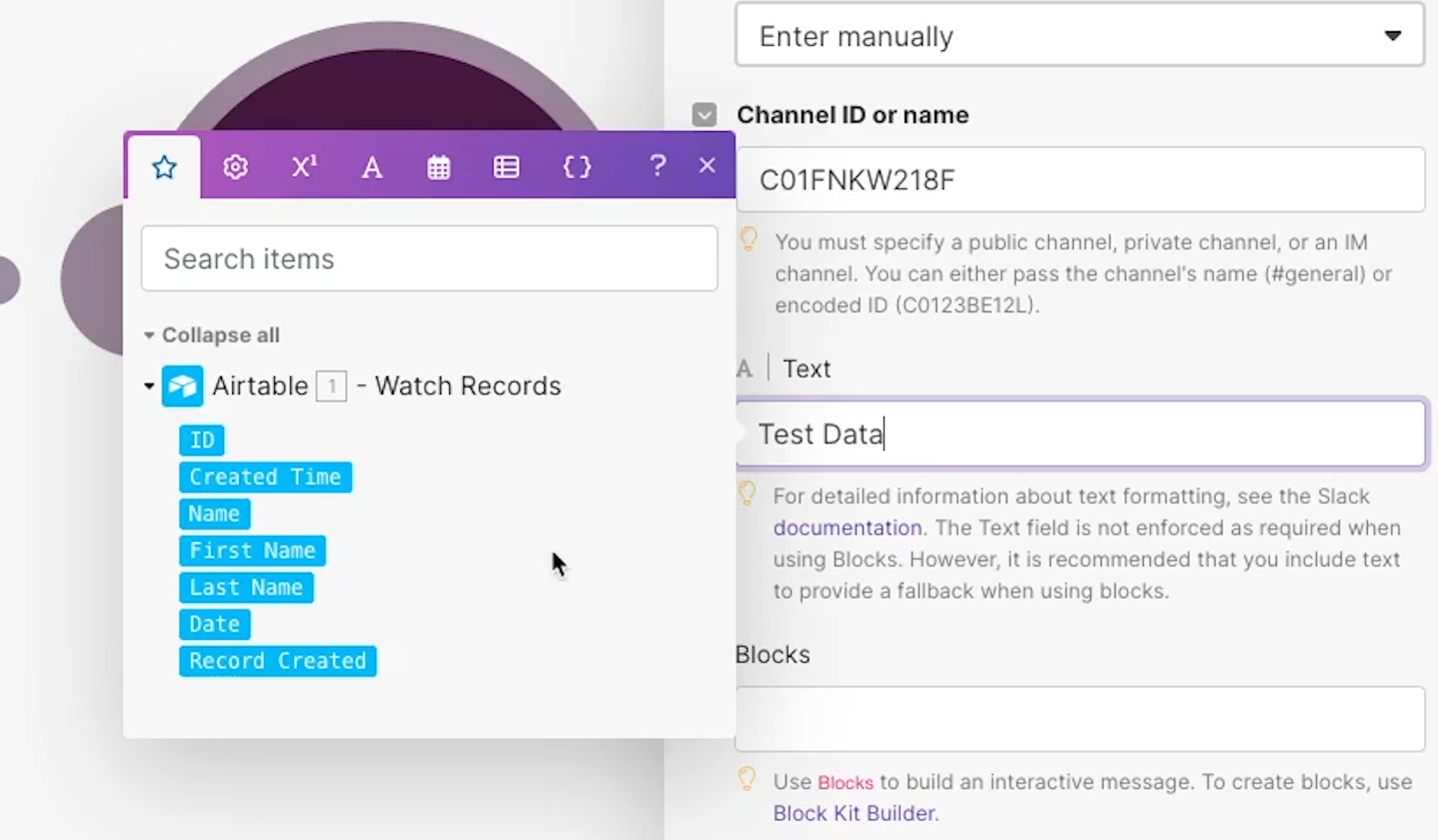 An open Slack module focused on the text field with the menu open to add dynamic data from a previous Make Airtable module