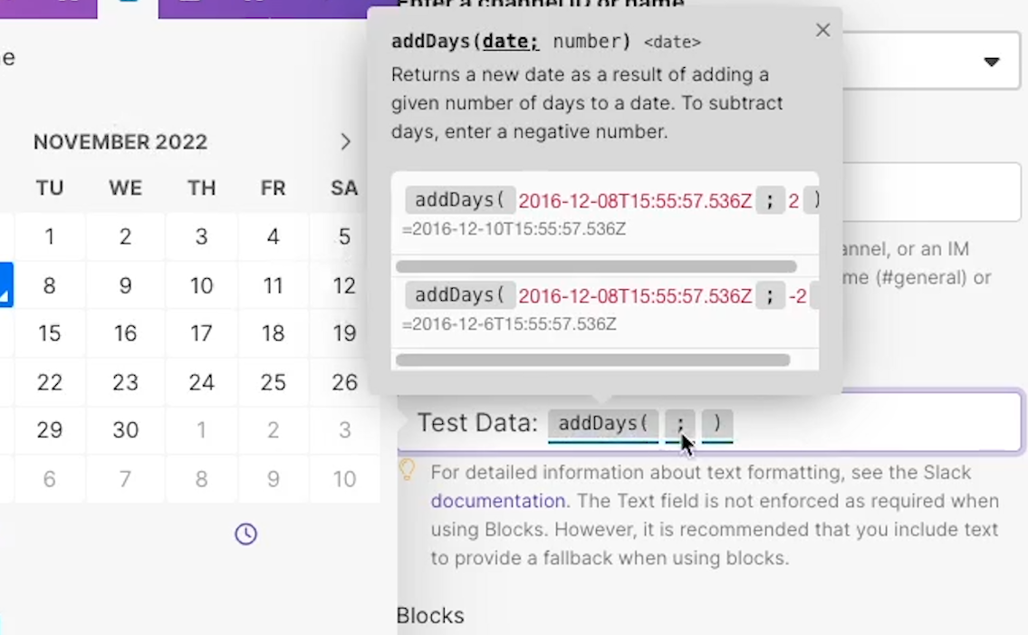 The "addDays" function is selected for the Text field of a Slack module with the tooltip for that function displayed