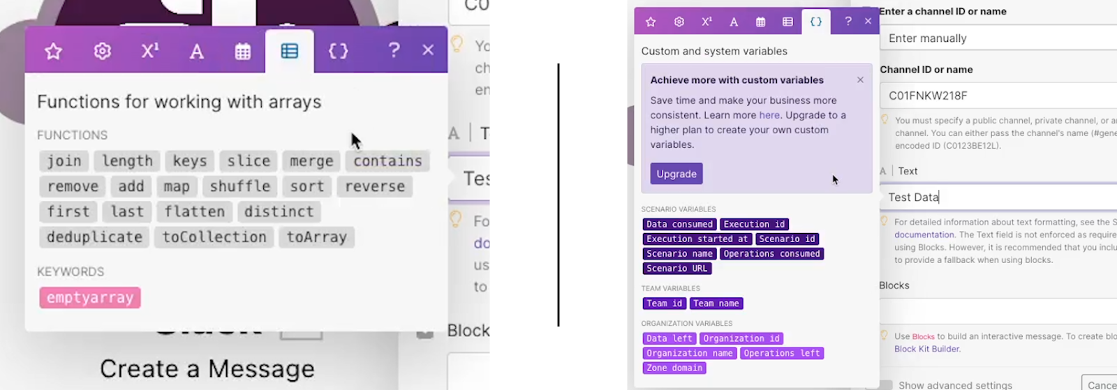 Custom and system variables functions tab(right) in Make