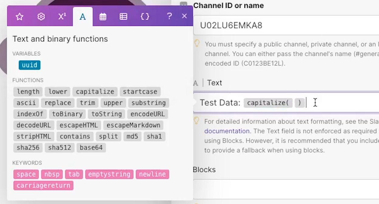 The Text and binary functions tab open with the capitalize function filled into the text field