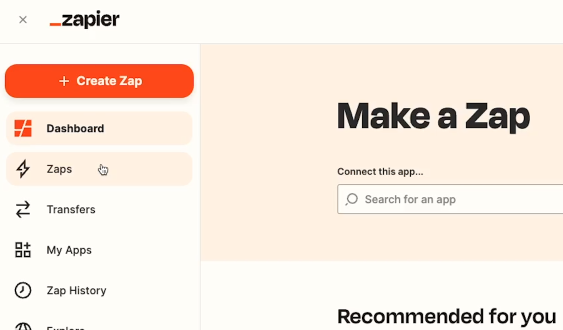 Zapier main menu with the Zaps highlighted