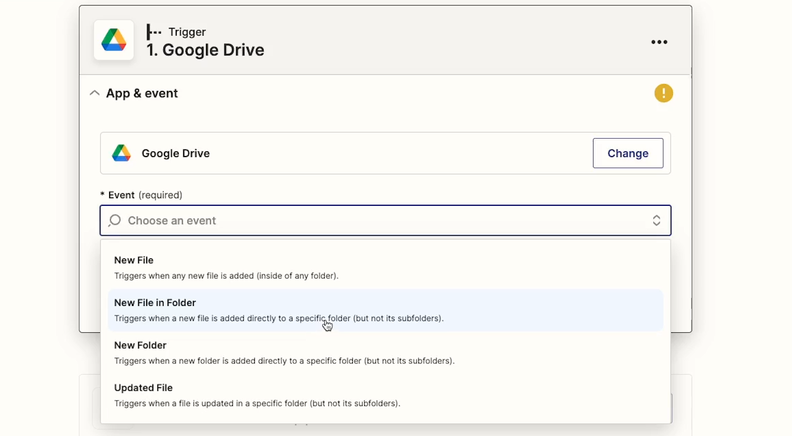 Google Drive trigger is selected which will trigger when a New Folder appears in a Folder