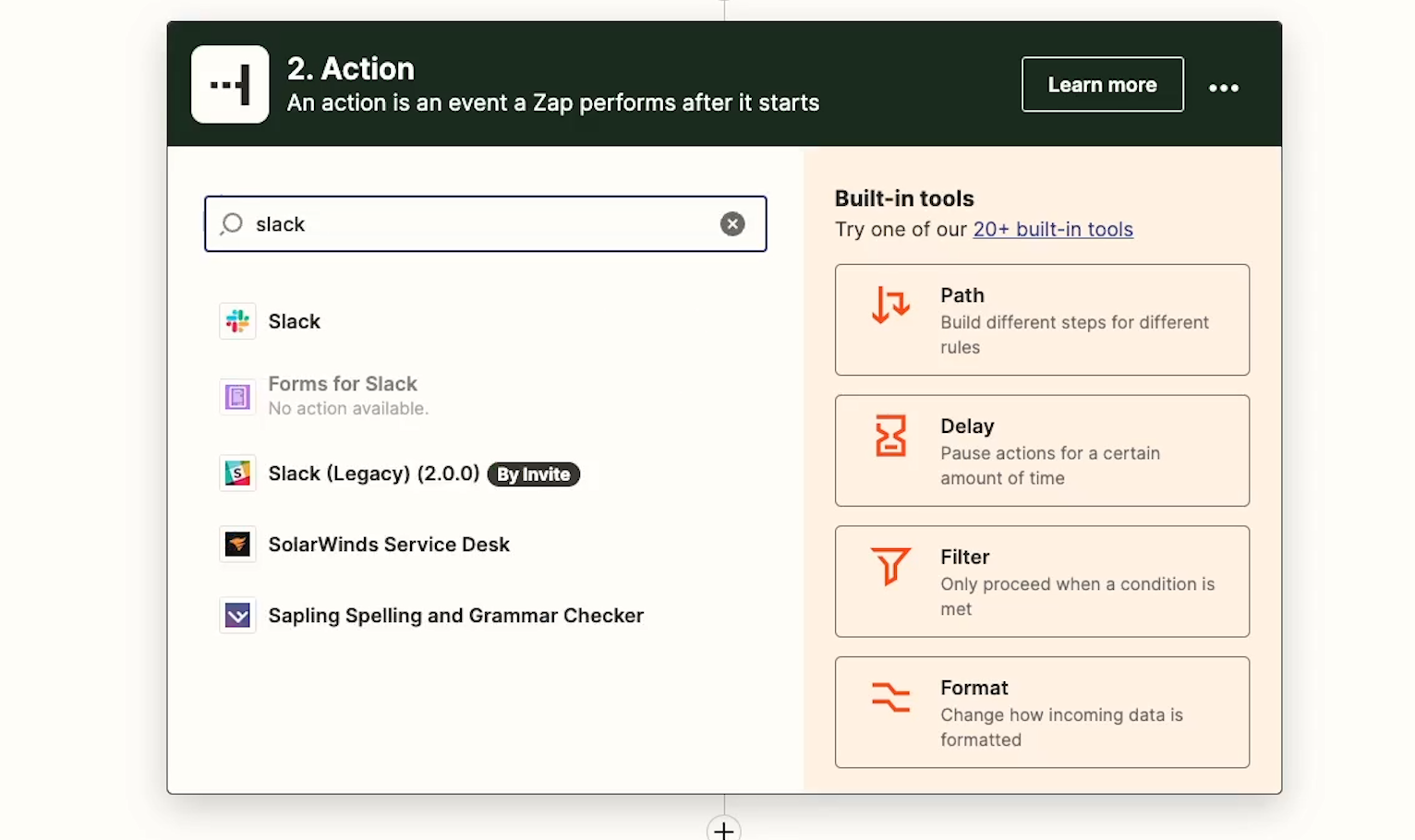 Zapier Action menu, choose your correct app