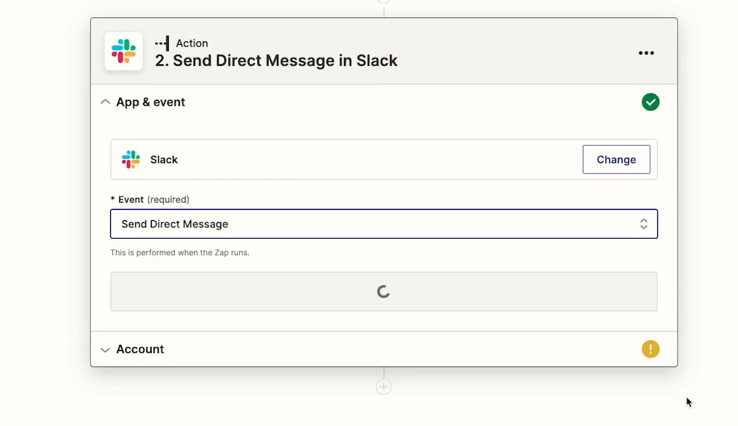 Choose Send Direct Message as the Slack Event