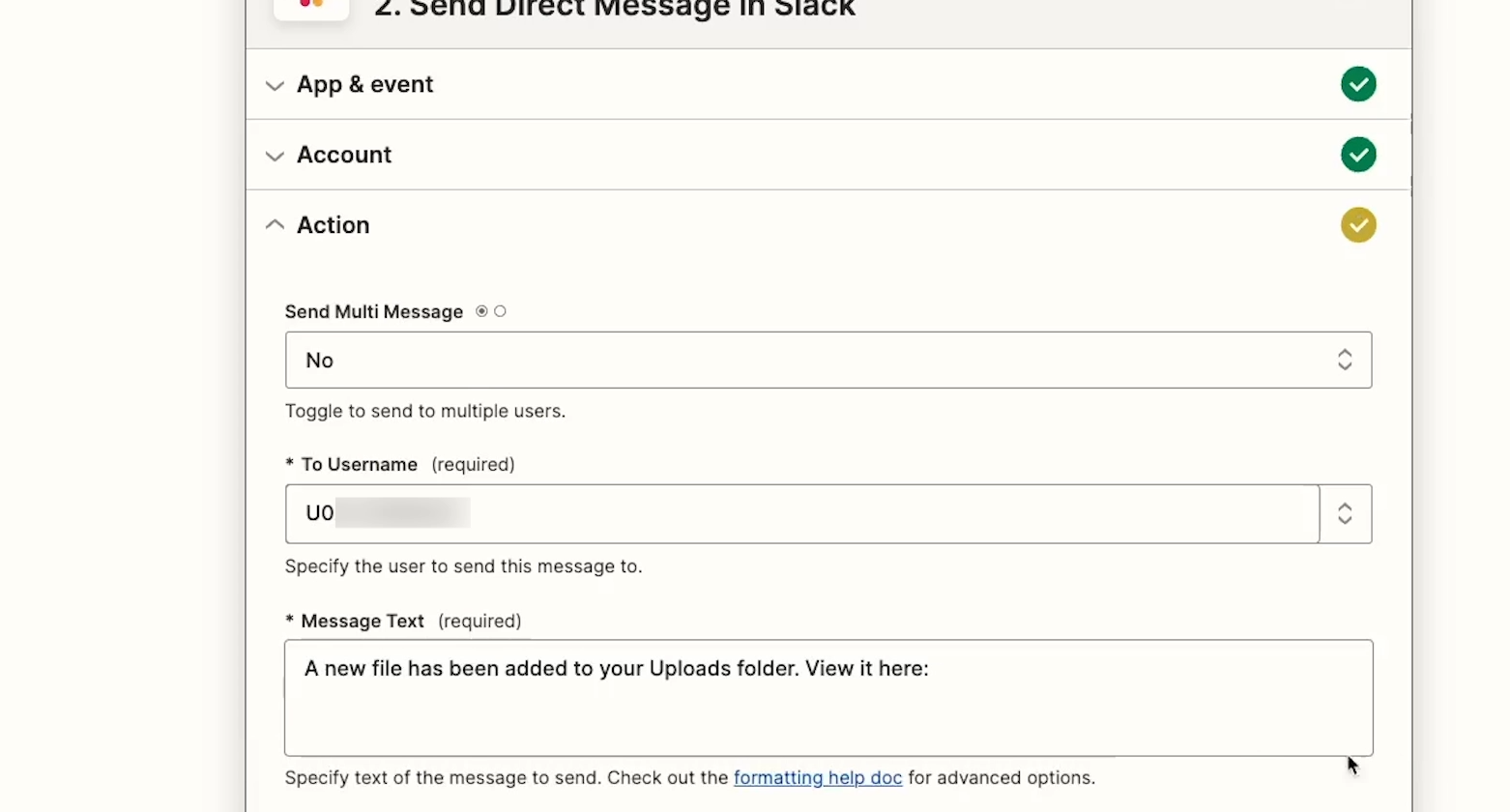 The page to configure the Slack Action in Zapier