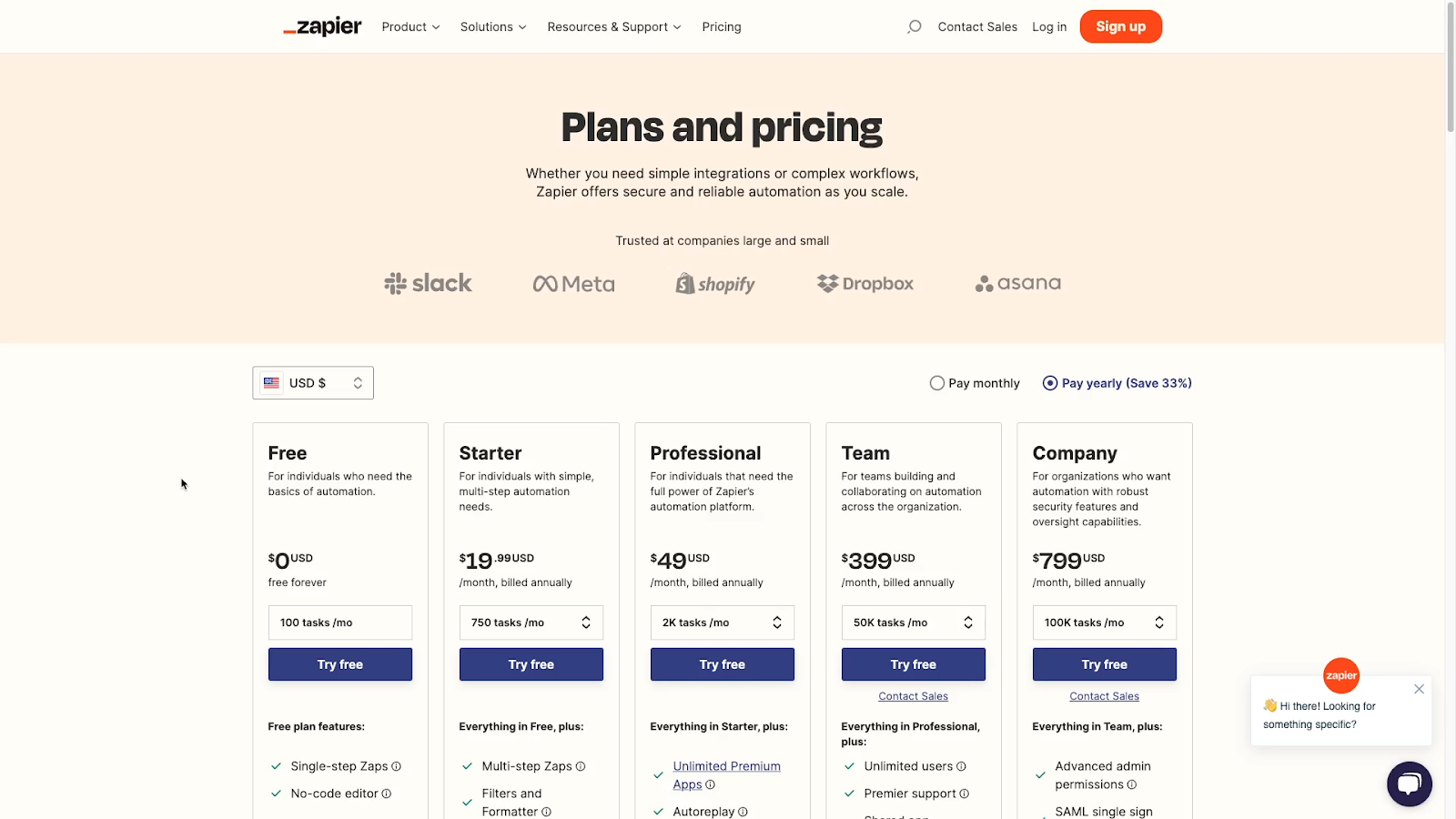 Zapiers Plans and pricing page