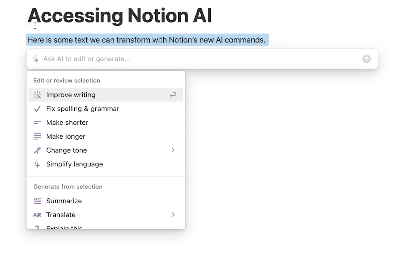 A drop-down menu showing the different options that Notion AI can complete