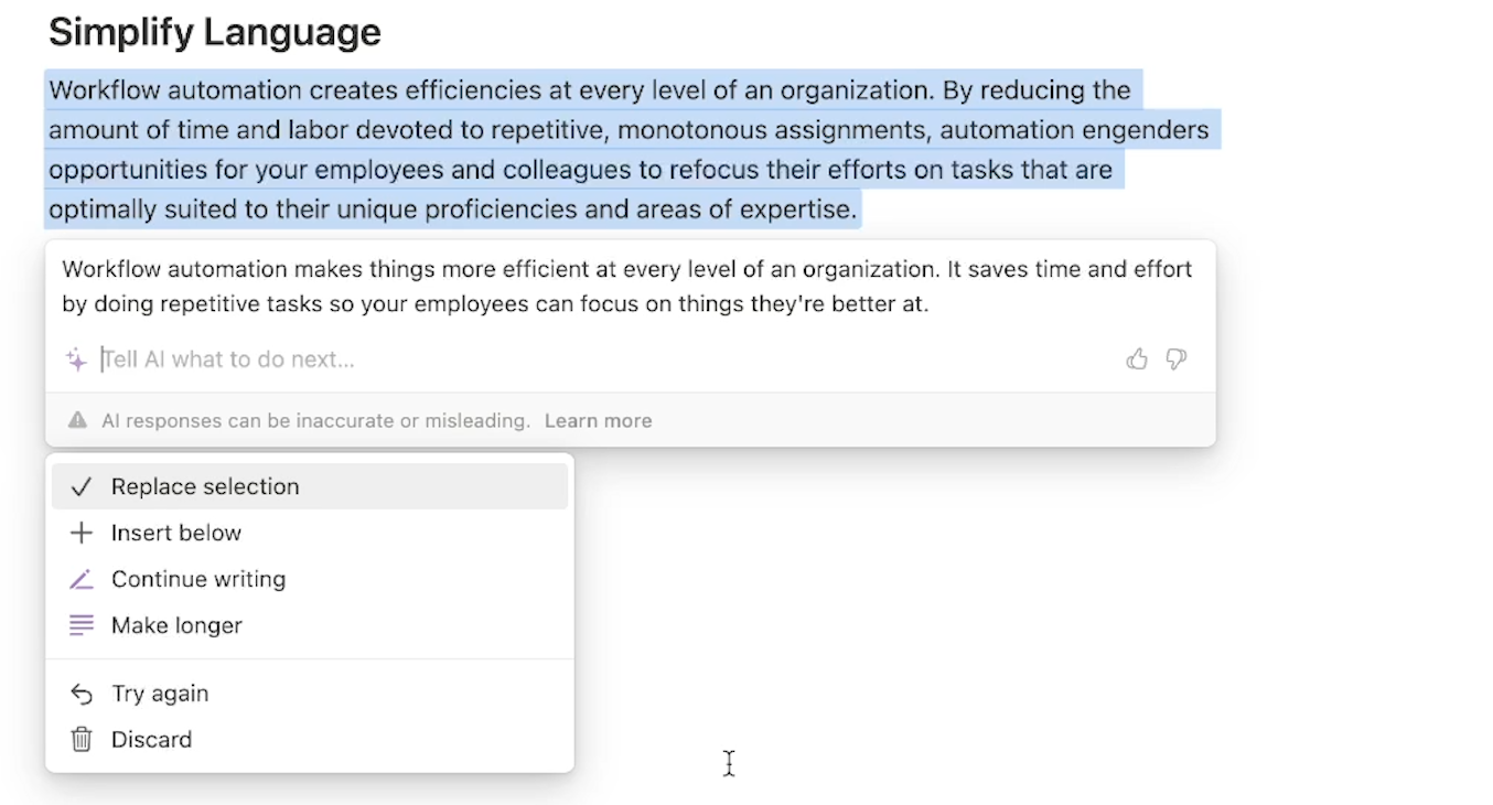 Notion AI taking a paragraph and simplifying the language used, with a dropdown menu asking to replace the selection with the AI generated text.