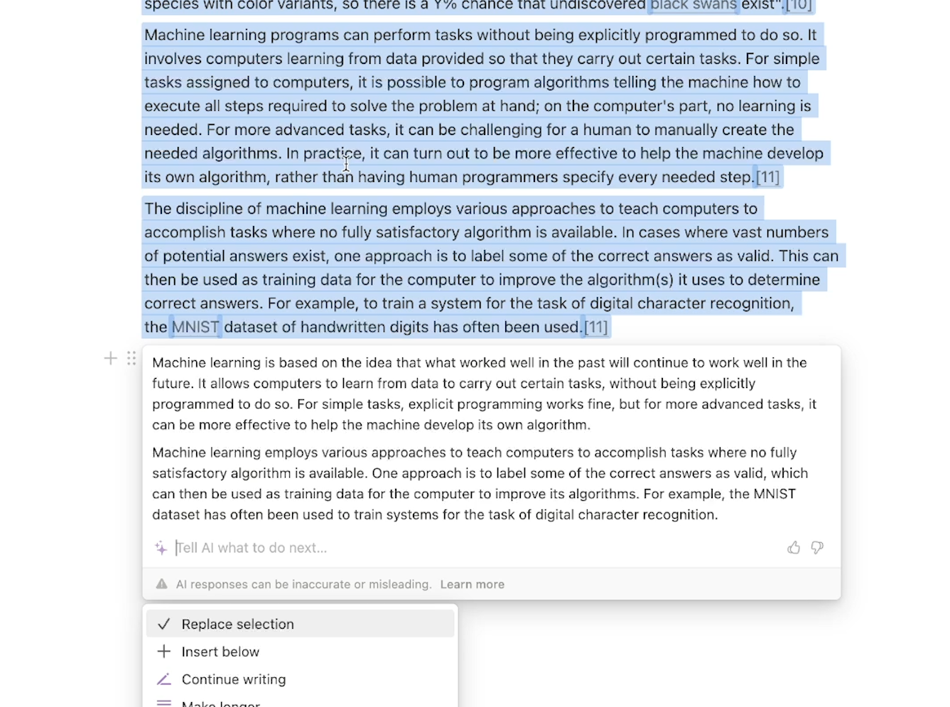 Notion AI shortening a long paragraph with a dropdown menu asking to replace the selection with the AI generated text.