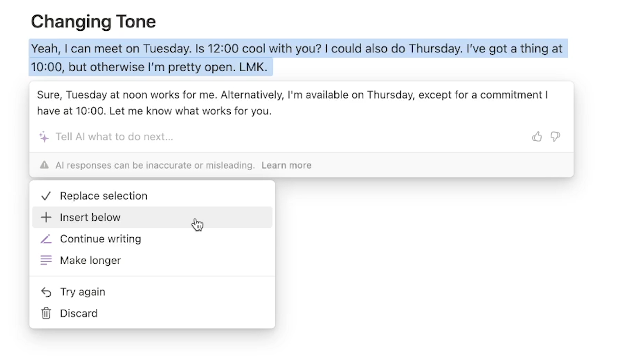Notion AI changing a short paragraph into a more professional type of paragraph, with a dropdown menu asking to replace the selection with the AI generated text.ef