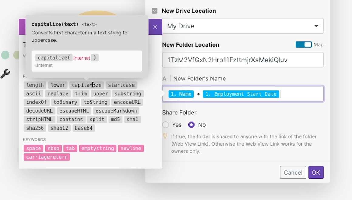 Make includes optional functions similar to spreadsheet functions, such as "capitalize()"