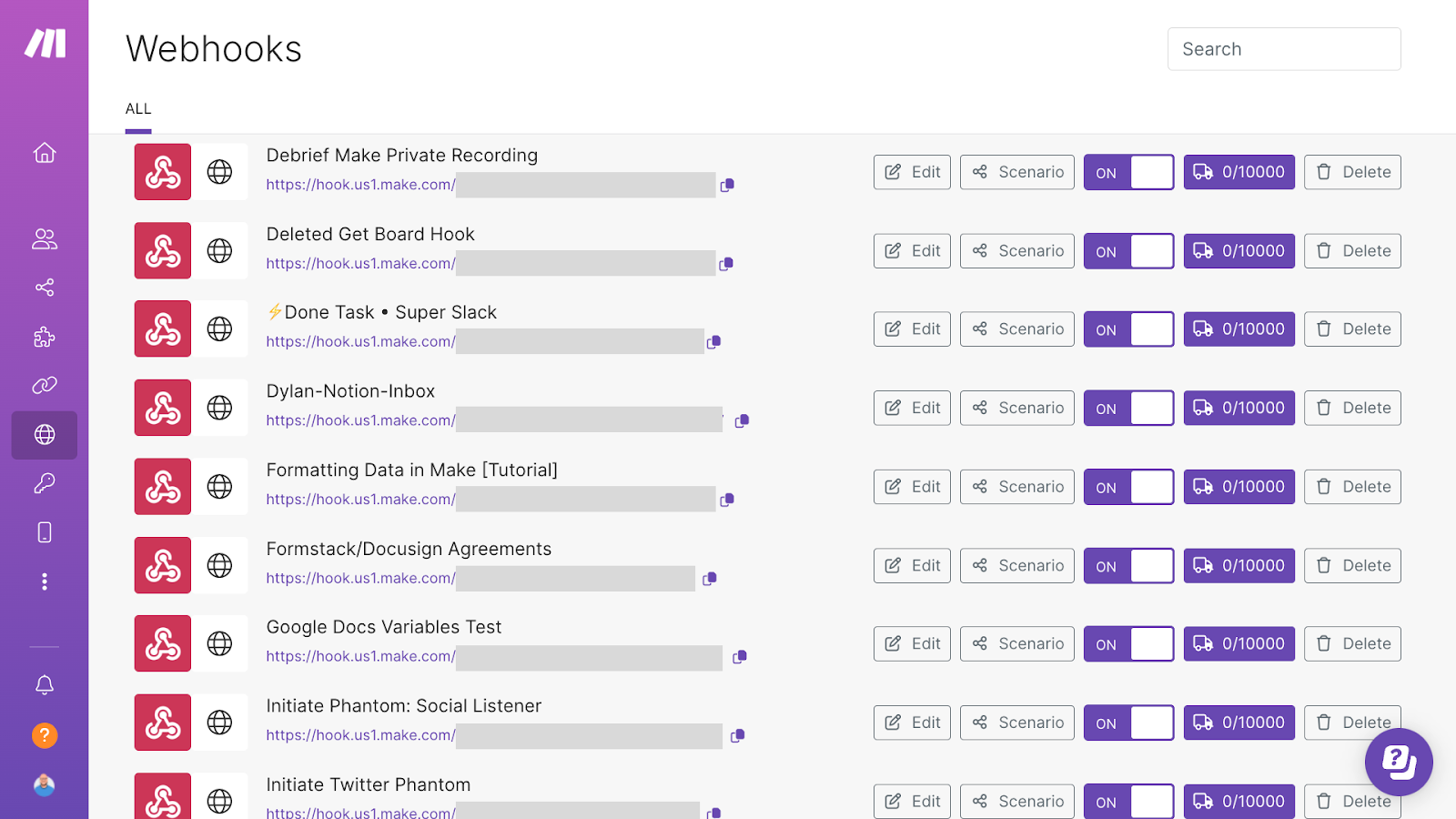 Make lets you activate, edit, or delete your webhooks all in one spot