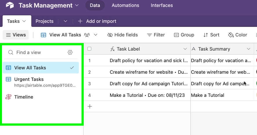 Find all of your Airtable views in the table's lefthand panel