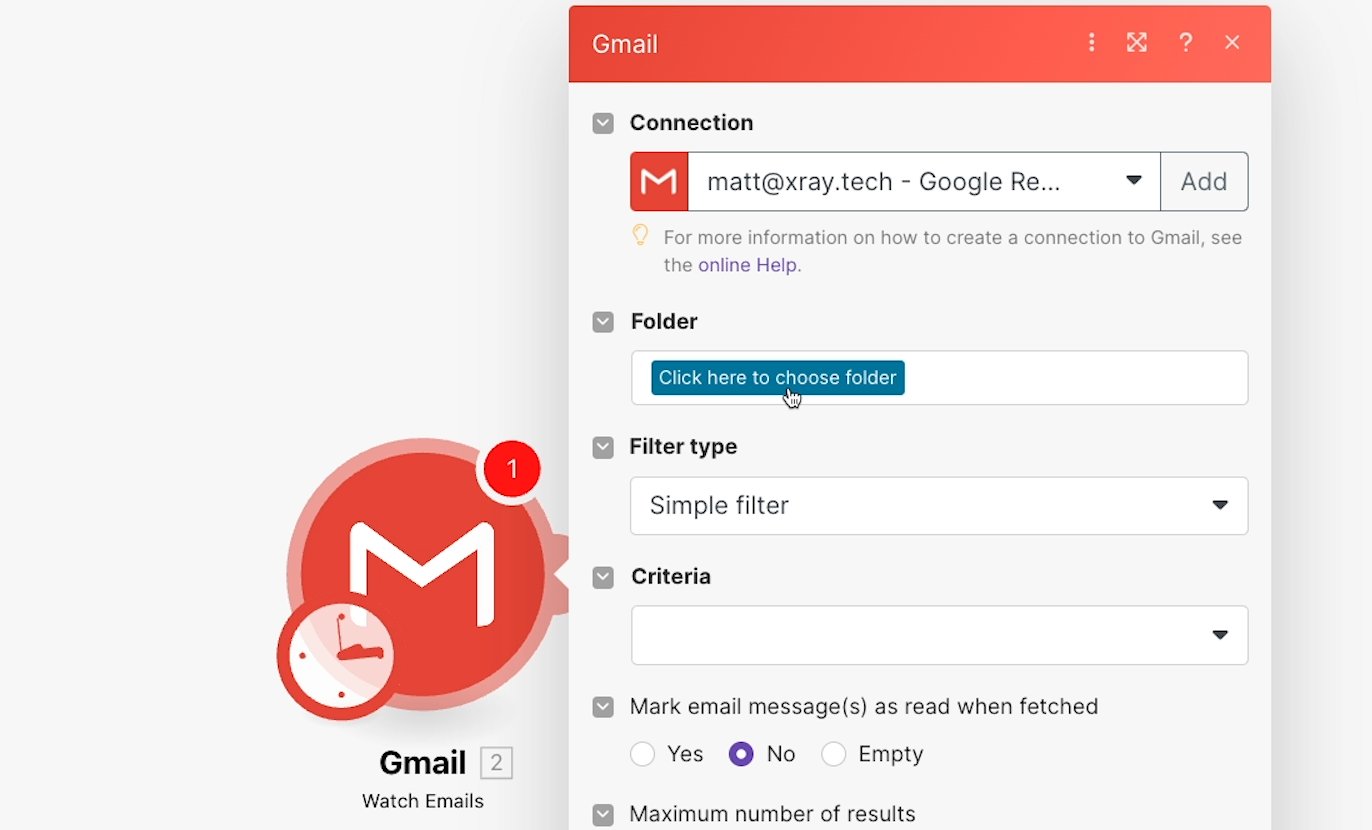 Select "Click here to choose folder" to find Gmail's folder for your new label