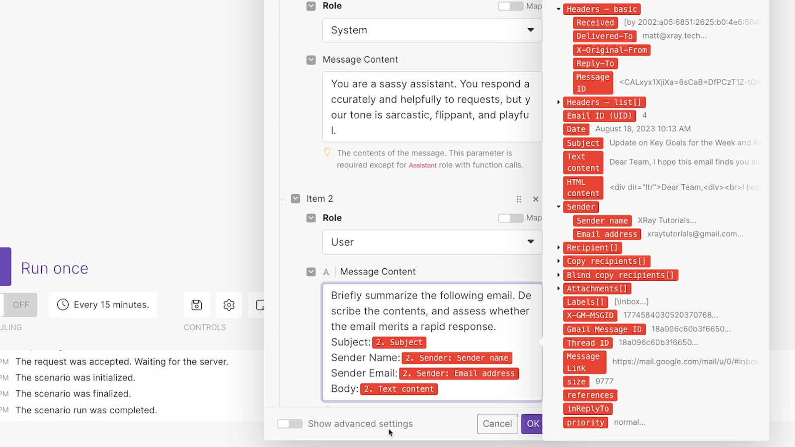 Add your prompt to the "Message Content" field, and include dynamic data from the trigger.