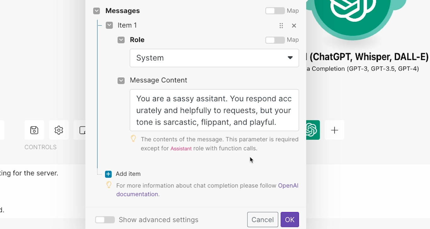 Describe how you want the AI to behave in the "Message Content" field of your system message