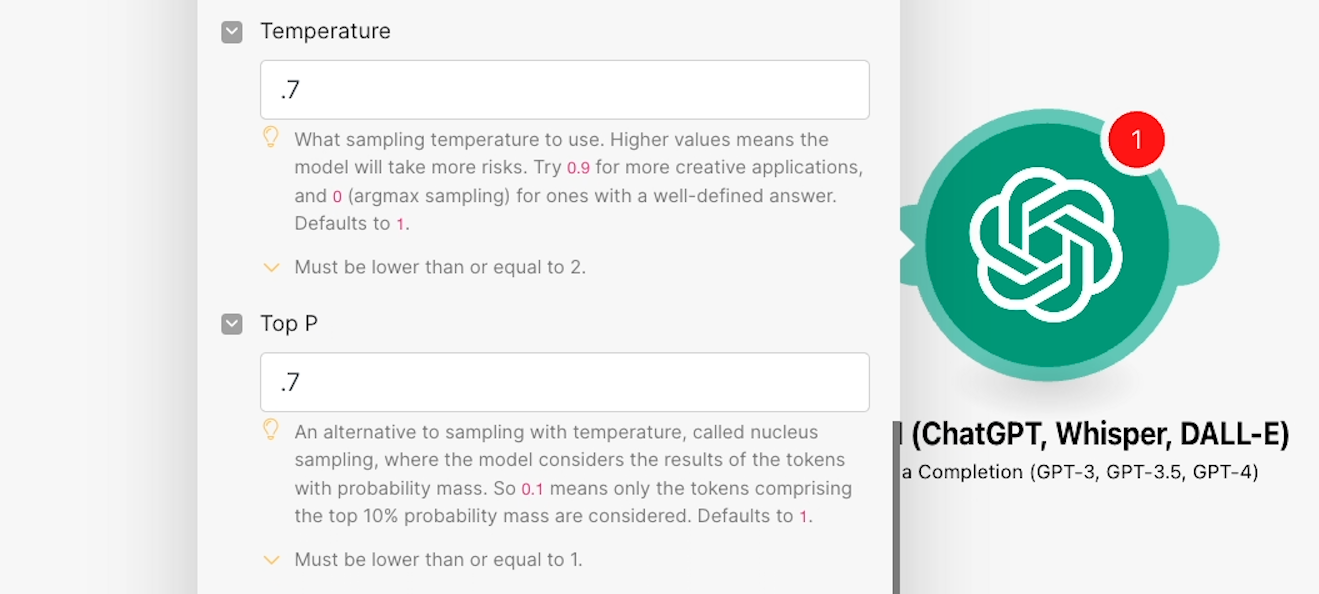 Set the AI's creativity with Top P and Temperature on a scale of 0 to 1. 