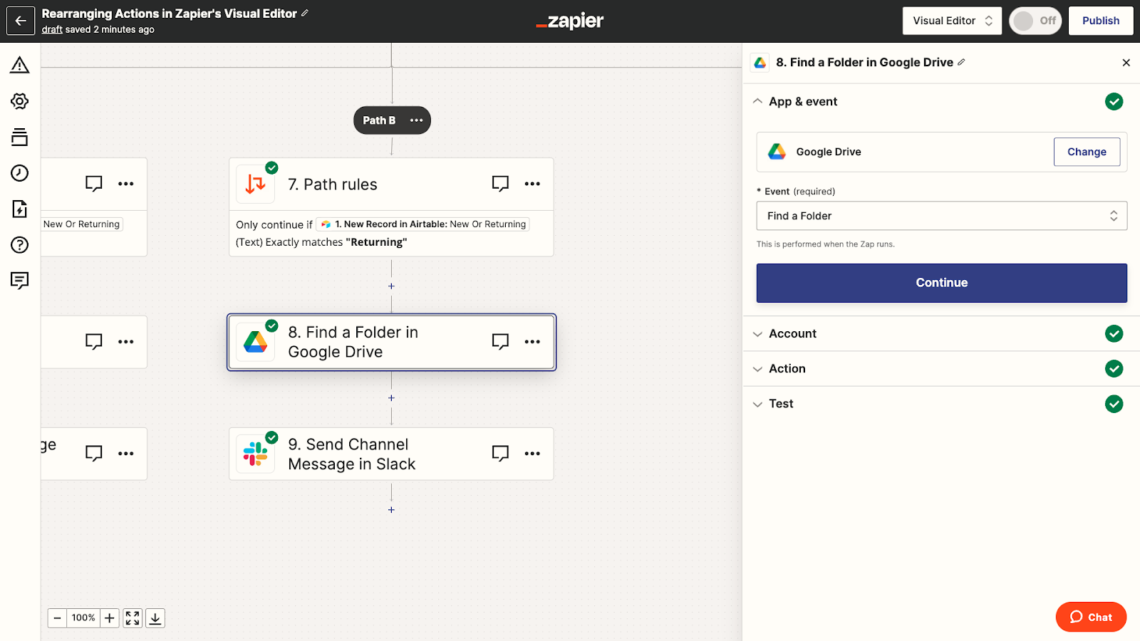 Configuring steps in the visual editor is the same as the classic editor