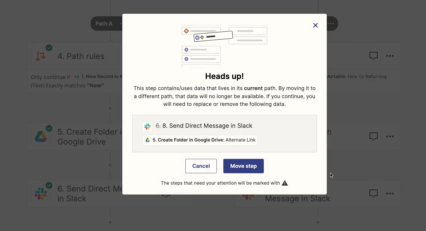 You'll see a warning if you try to move an action out of the path that contains its required data