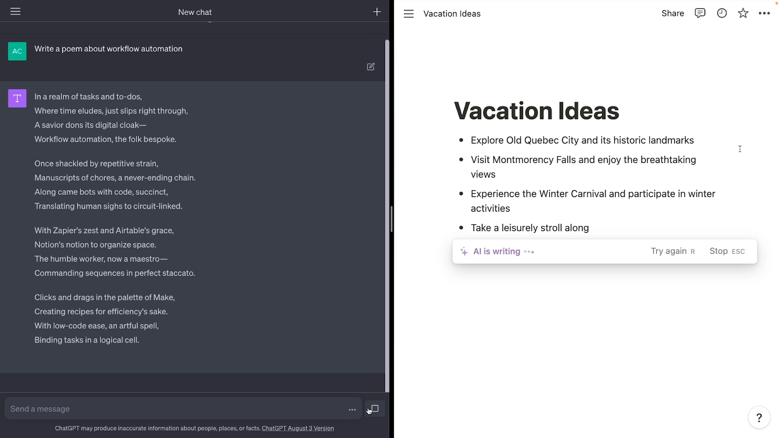 ChatGPT and Notion AI responding to creative writing prompts
