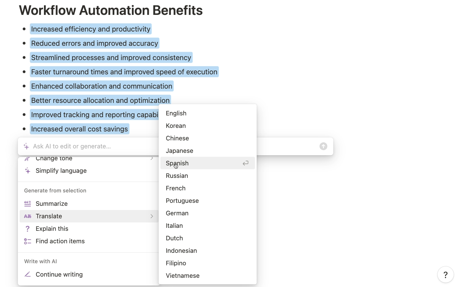 Using a preconfigured Notion AI prompt, like "translate"