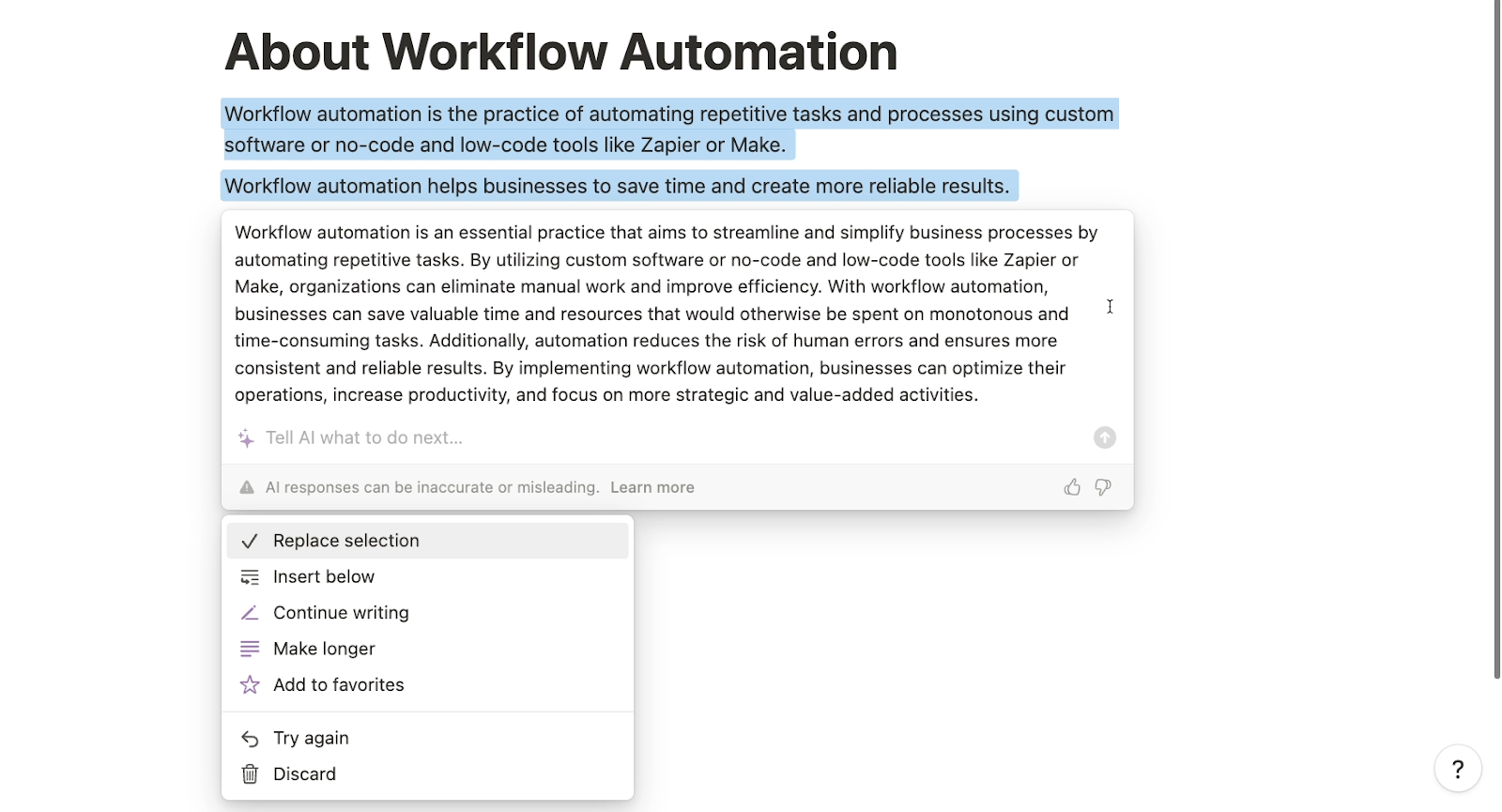 Entering a contextual prompt in Notion AI