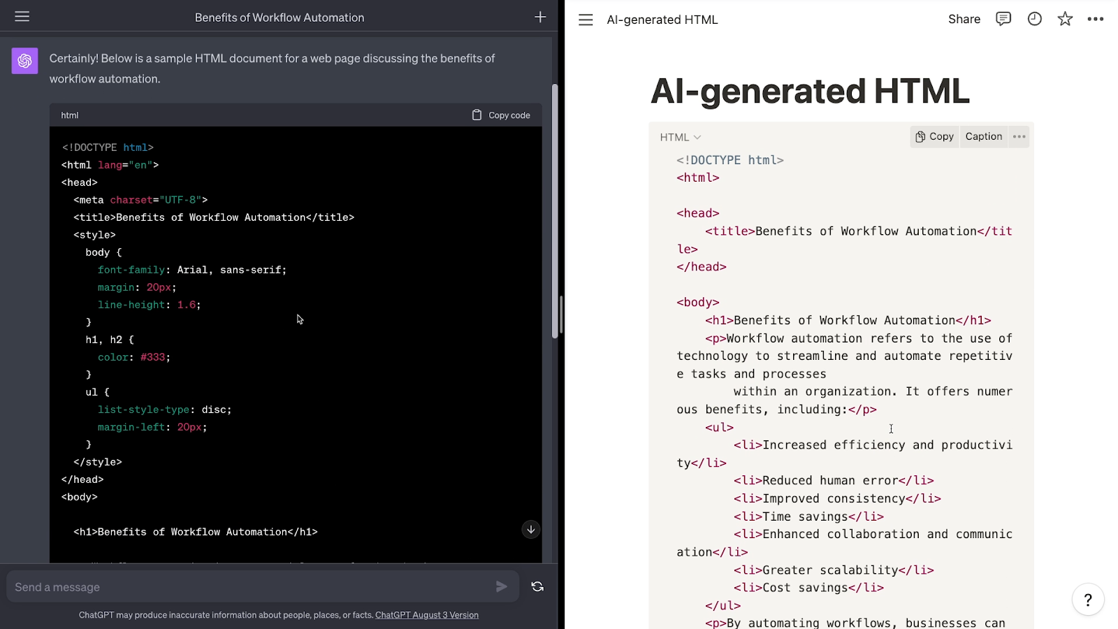 ChatGPT and Notion AI writing HTML