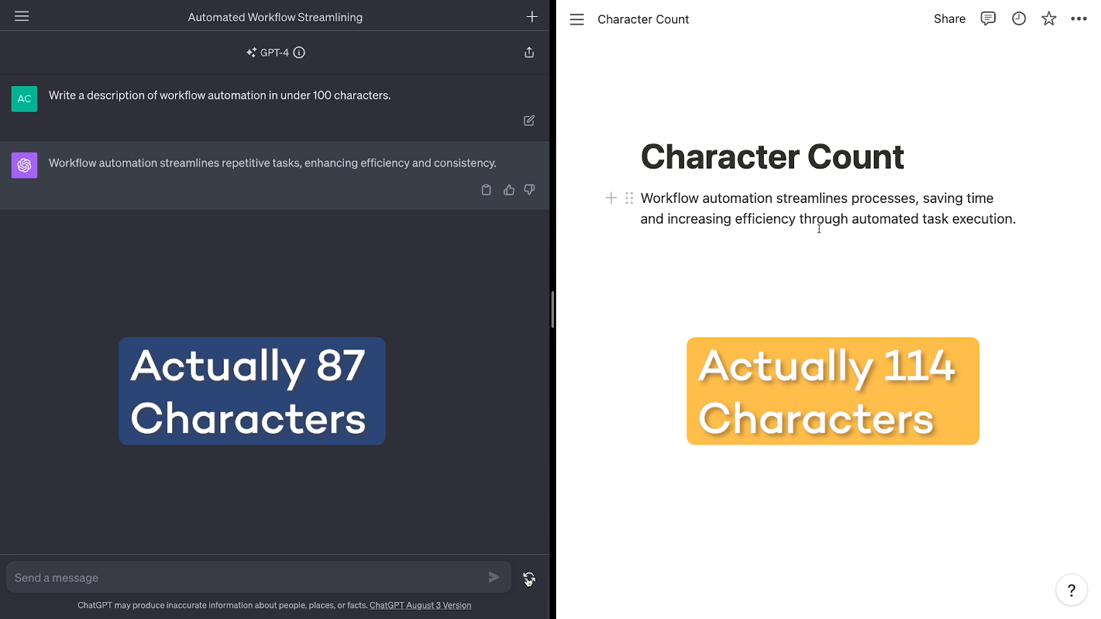 ChatGPT's response is 87 characters, while Notion AI's is 114 characters. 