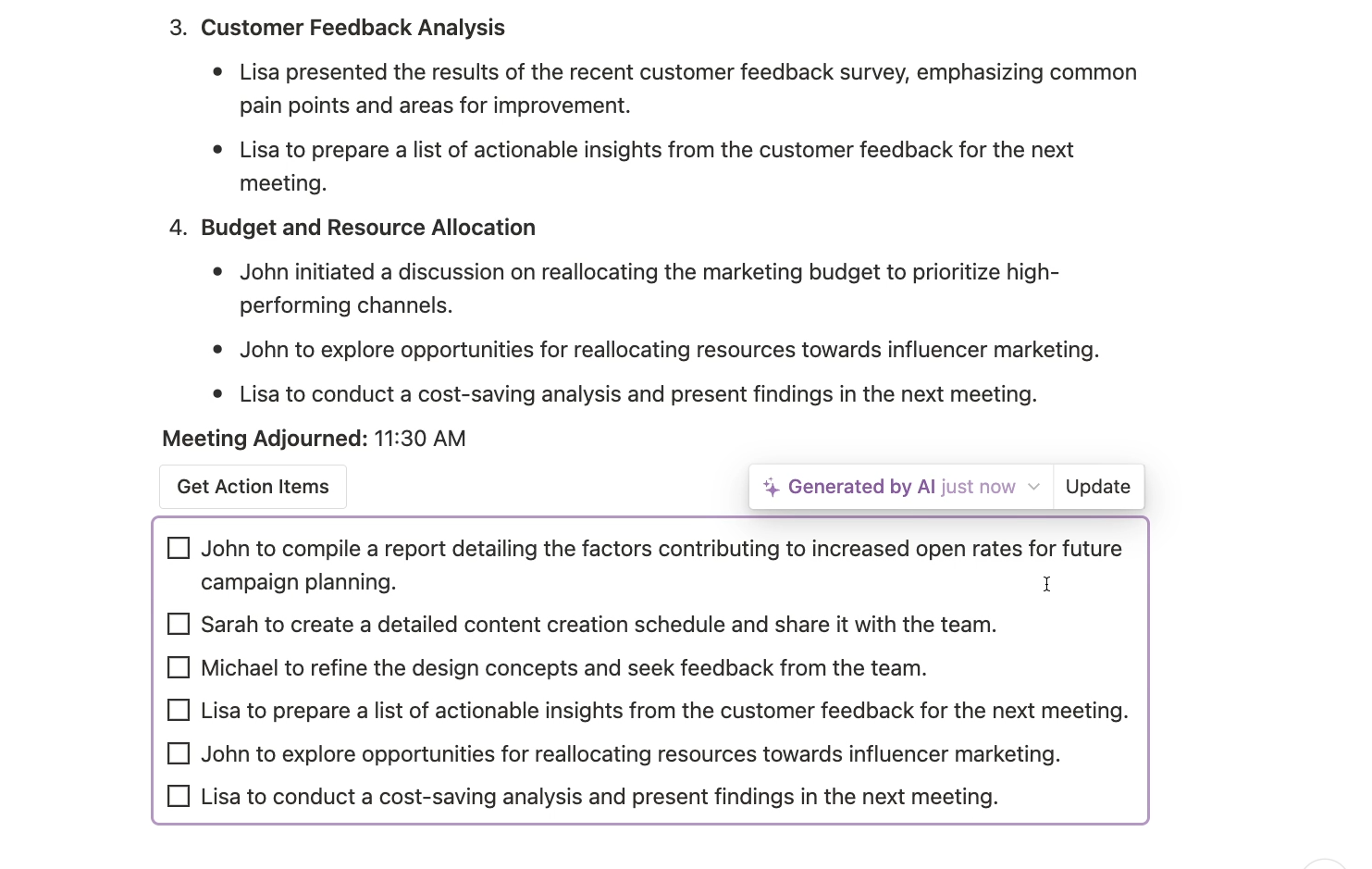 Getting AI-generated action items in Notion AI