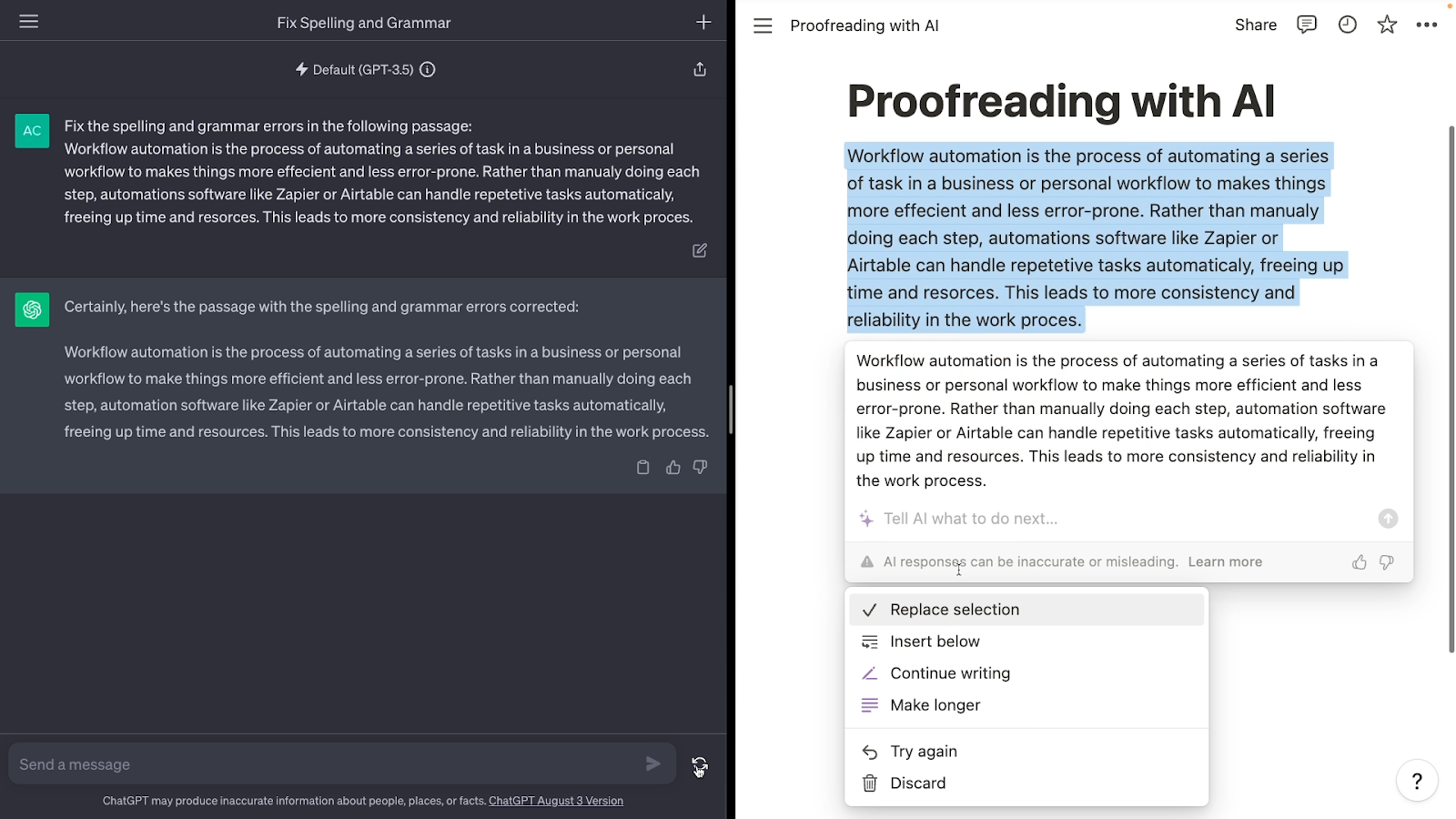 ChatGPT and Notion AI proofreading a passage of text