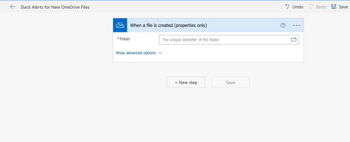 Basic options for a OneDrive trigger in Power Automate