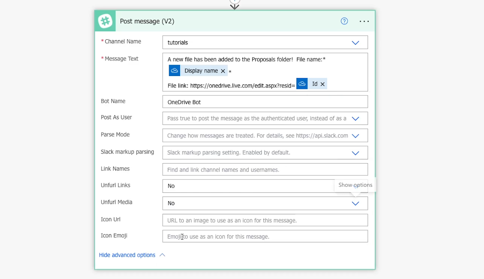 Adding markdown to the Slack message and setting "Unfurl" options to "No"