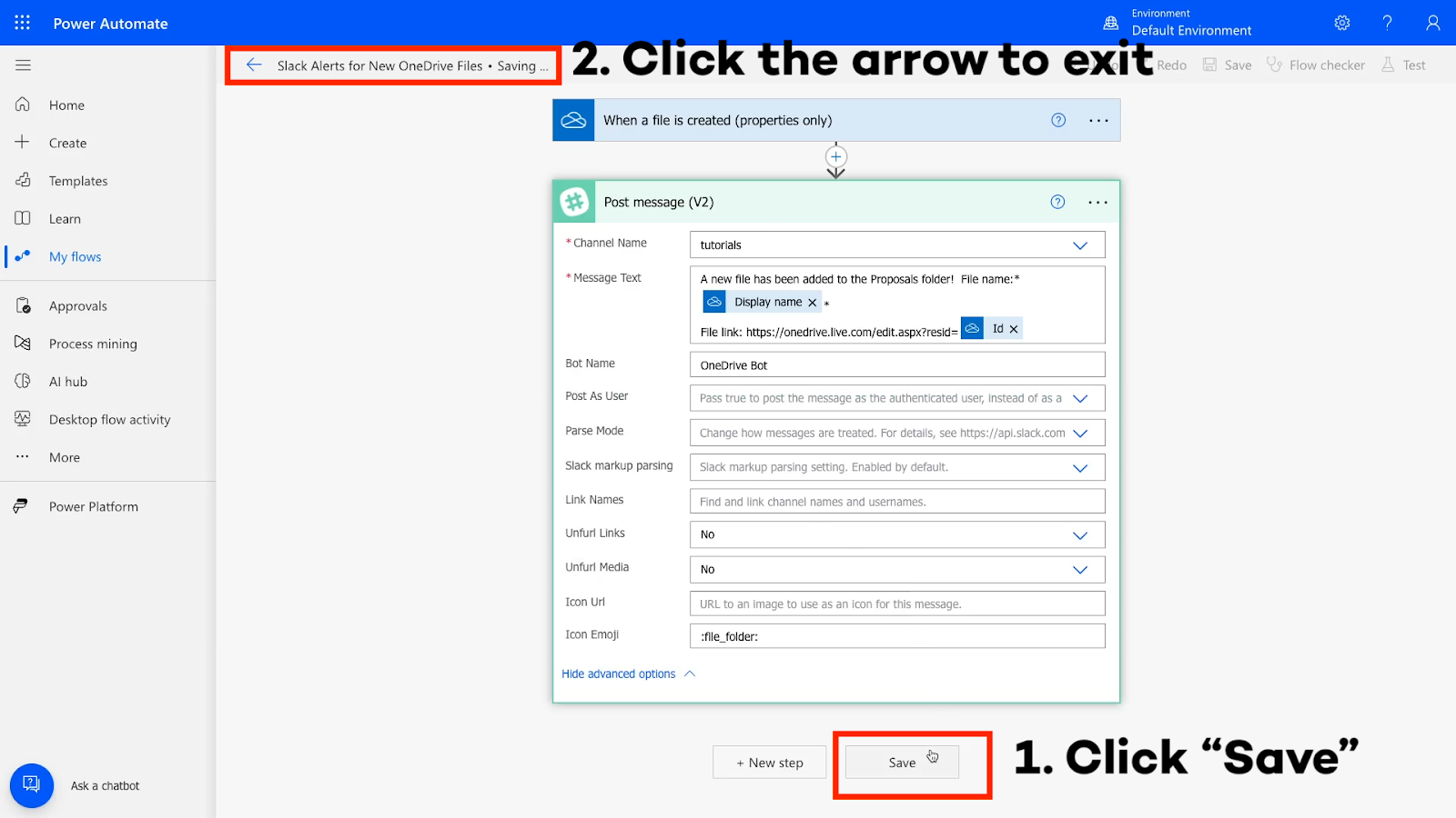 How to save and exit a new flow to update its URL