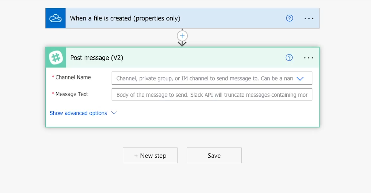 Basic options for an automated Slack message in Power Automate