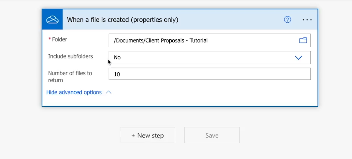 Advanced options for the "When a File is Created (Properties Only)" OneDrive trigger in Power Automate