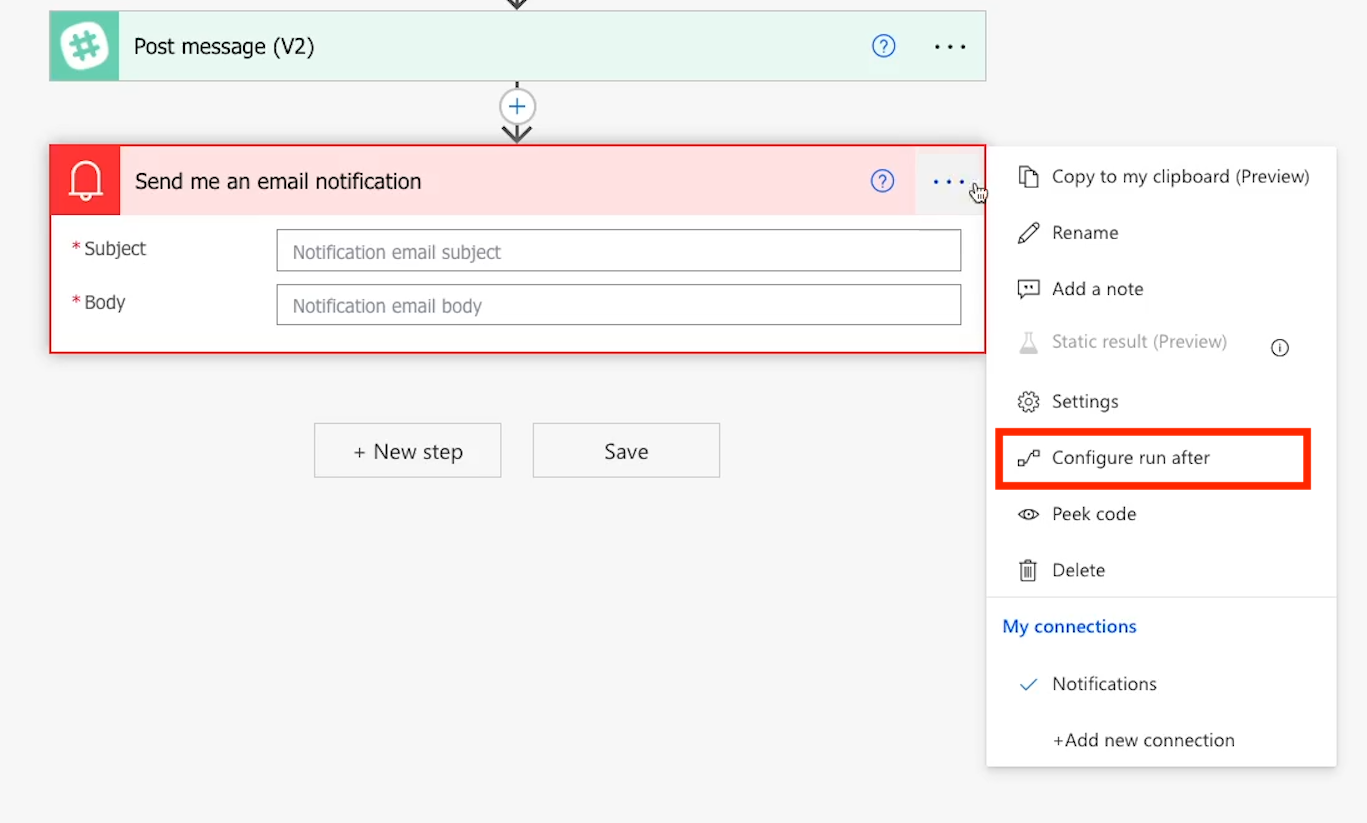 Where to find "configure run after" in a Power Automate notification step