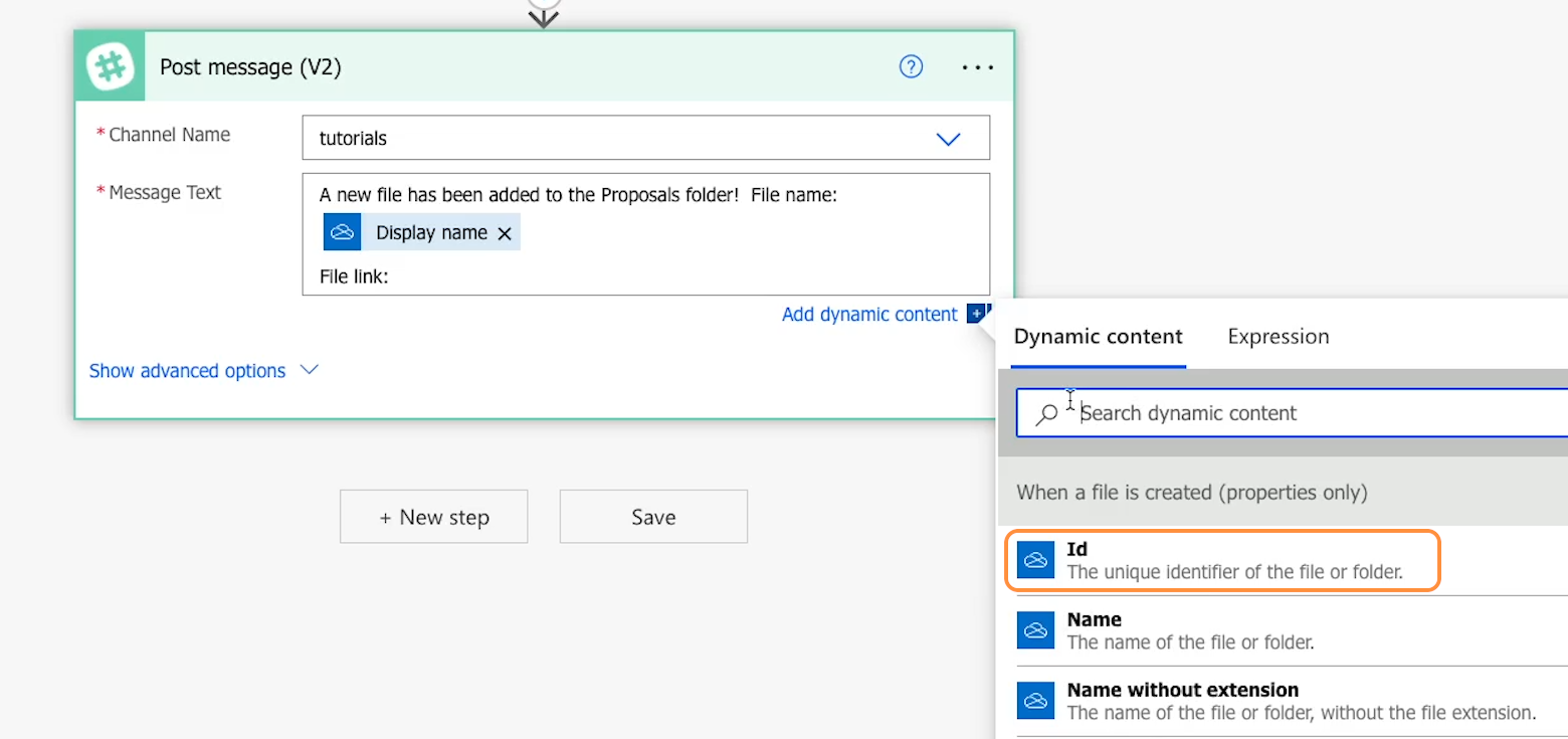 The "ID" option in the "Dynamic Content" window of the Power Automate slack module