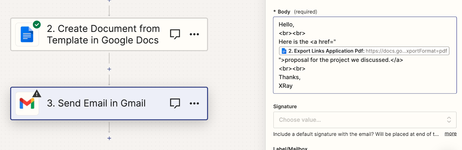 Inserting the "Export Links Application PDF" variable into an email