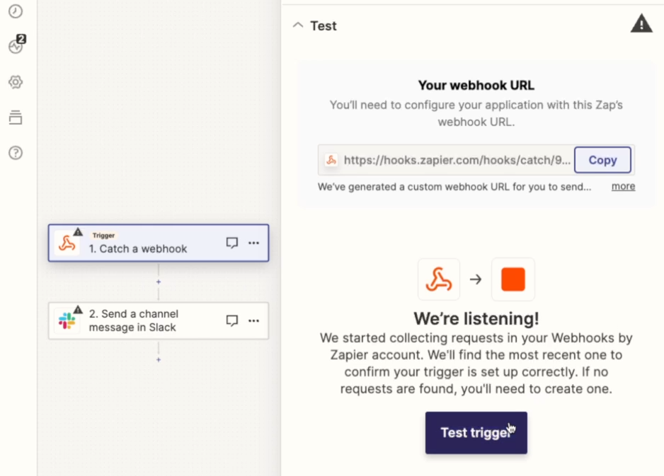 Testing the webhooks trigger in Zapier to see incoming requests