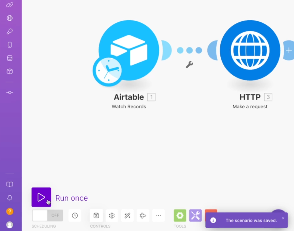 testing the Make scenario to send an HTTP request to the Zapier webhook