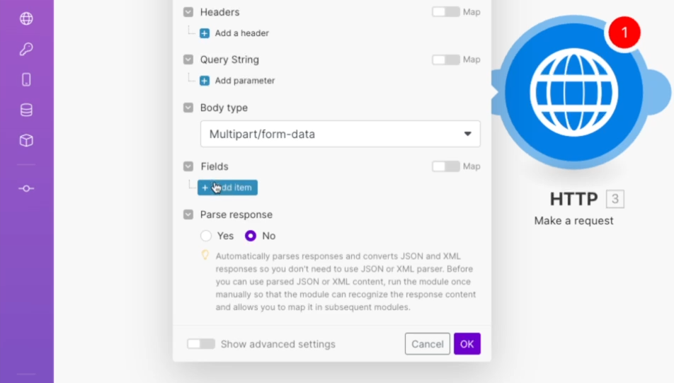 Adding items to the HTTP request in Make to make key-value pairs