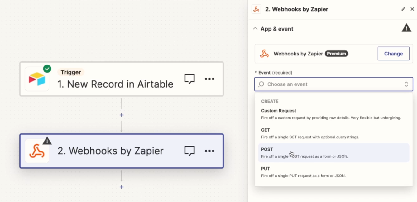 choosing a POST method for a Webhooks by Zapier step